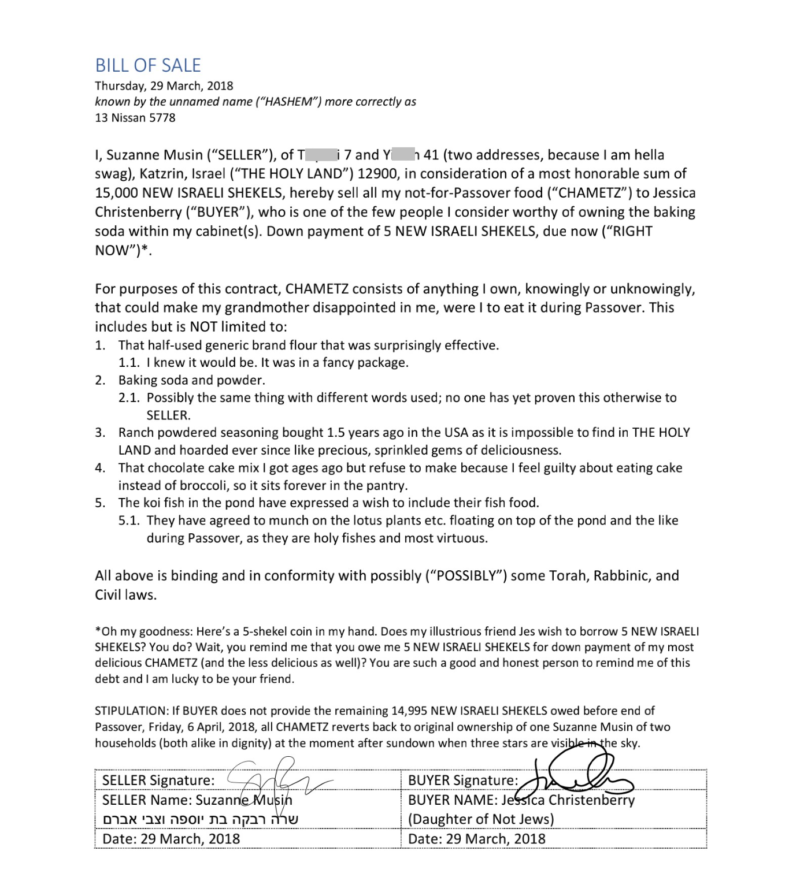 Bill of sale for chametz